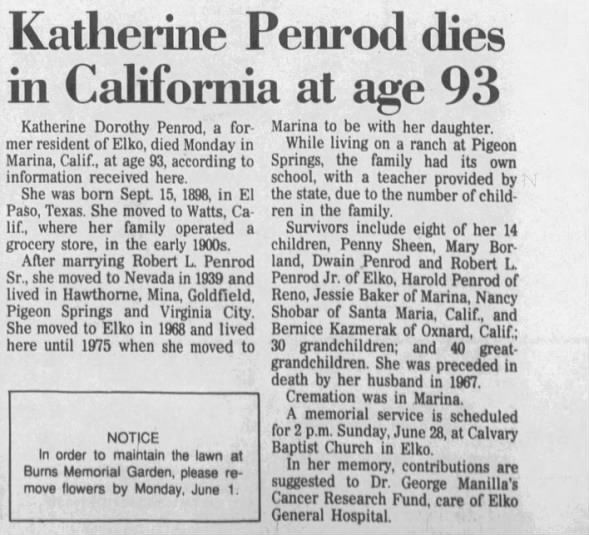 Katherine Dorothy Penrod, Elko Daily Free Press, Elko, NV 5/29/1992